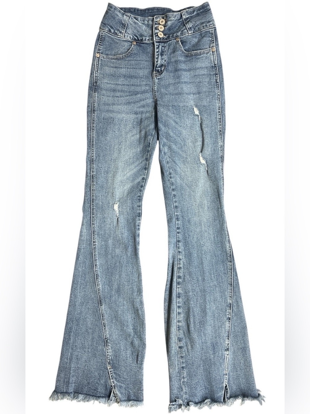 KanCan Women’s Fit And Flared Frayed Split Hem Light Wash Denim Jeans Sz 5/26